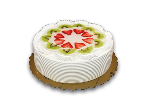 White cream cake topped with strawberries and kiwi